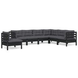 vidaXL Muebles de jardín 7 pzas y cojines negro madera maciza de pino