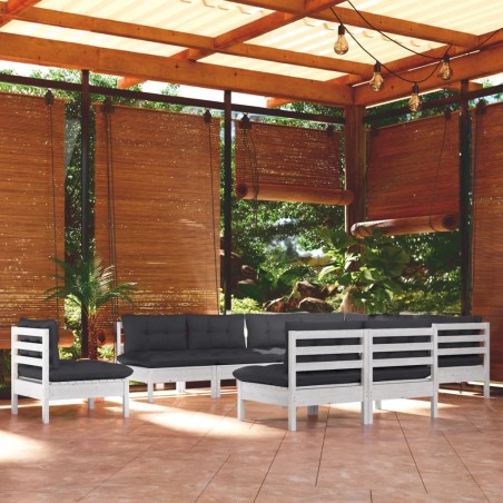 vidaXL Muebles de jardín 10 pzas y cojines blanco madera maciza de pino