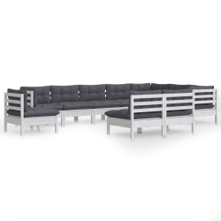 vidaXL Muebles de jardín 10 pzas y cojines blanco madera maciza de pino