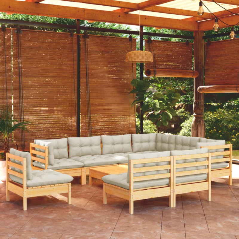 vidaXL Muebles de jardín 10 pzas y cojines madera maciza de pino crema vidaXL Muebles de jardín 10 pzas y cojines madera maciza de pino crema