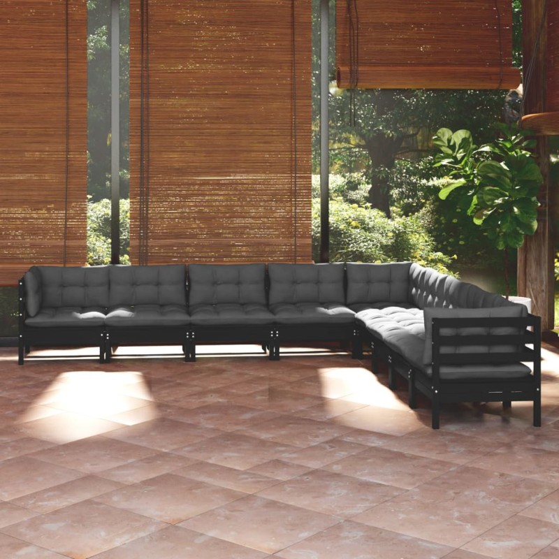 vidaXL Muebles de jardín 9 pzas y cojines negro madera maciza de pino vidaXL Muebles de jardín 9 pzas y cojines negro madera maciza de pino