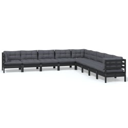 vidaXL Muebles de jardín 9 pzas y cojines negro madera maciza de pino