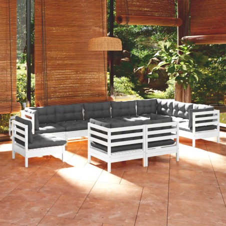 vidaXL Muebles de jardín 10 pzas y cojines blanco madera maciza pino