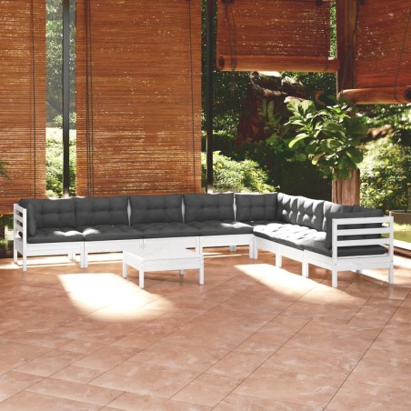 vidaXL Muebles de jardín 9 pzas y cojines blanco madera maciza de pino