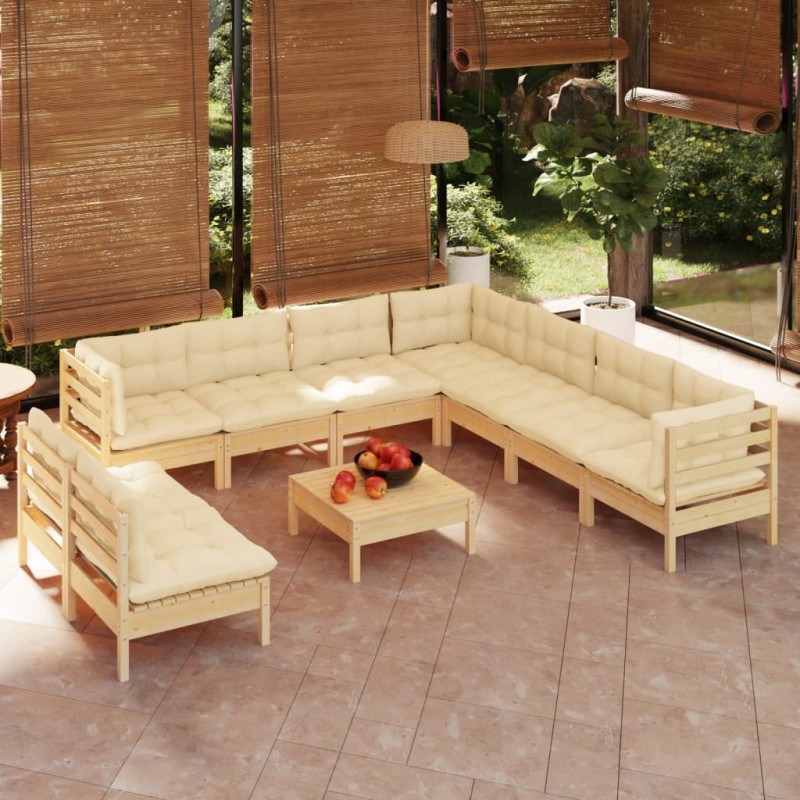 vidaXL Muebles de jardín 10 pzas y cojines madera maciza de pino crema vidaXL Muebles de jardín 10 pzas y cojines madera maciza de pino crema