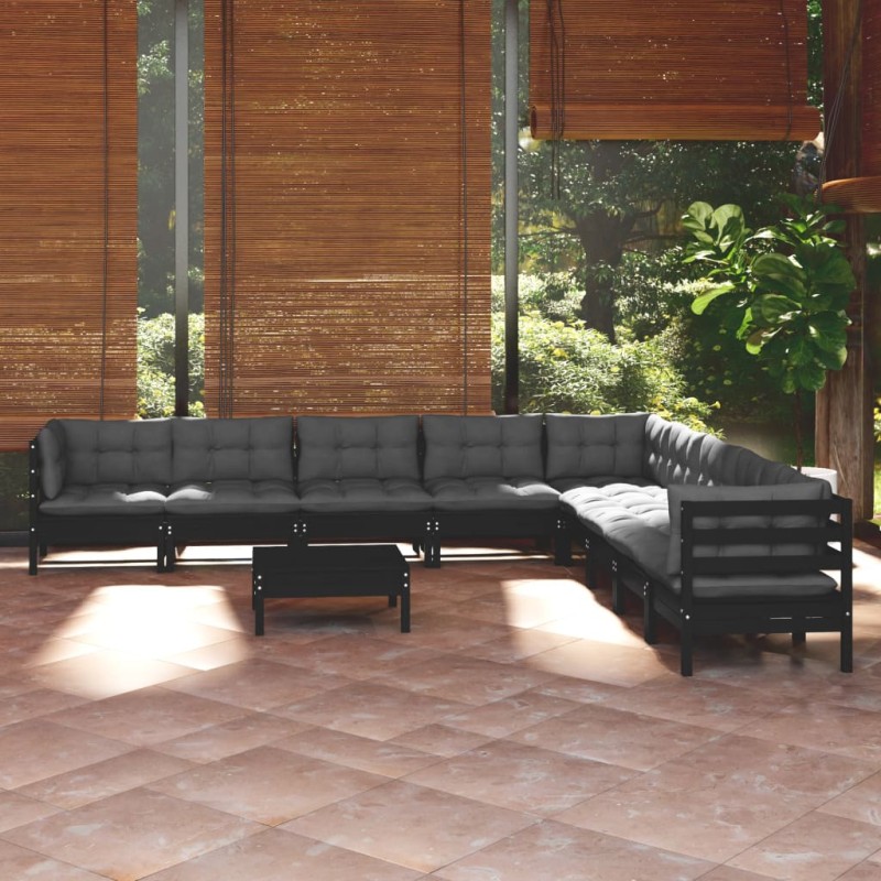vidaXL Muebles de jardín 10 pzas con cojines negro madera maciza pino