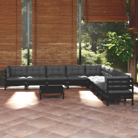 vidaXL Muebles de jardín 10 pzas con cojines negro madera maciza pino