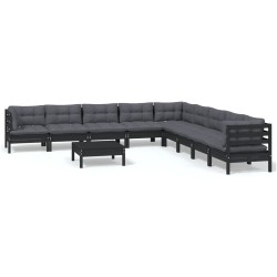 vidaXL Muebles de jardín 10 pzas con cojines negro madera maciza pino