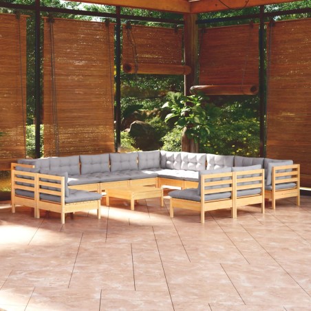 vidaXL Muebles de jardín 14 pzas y cojines madera maciza de pino gris