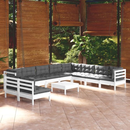 vidaXL Muebles de jardín 11 pzas con cojines blanco madera de pino