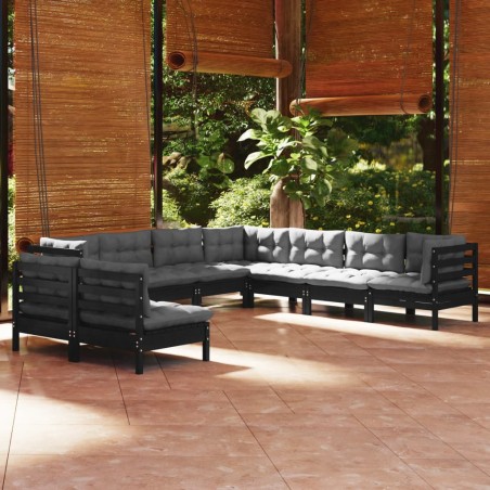 vidaXL Muebles de jardín 9 pzas y cojines negro madera maciza de pino
