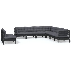 vidaXL Muebles de jardín 9 pzas y cojines negro madera maciza de pino