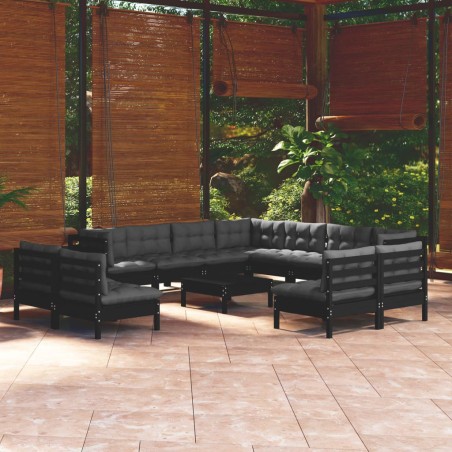 vidaXL Muebles de jardín 12 pzas con cojines negro madera maciza pino