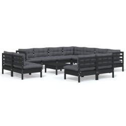 vidaXL Muebles de jardín 12 pzas con cojines negro madera maciza pino