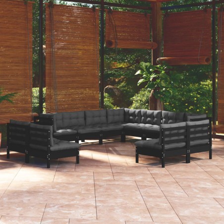 vidaXL Muebles de jardín 11 pzas y cojines negro madera maciza de pino