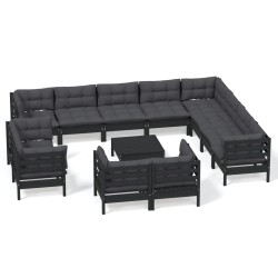 vidaXL Muebles de jardín 13 pzas con cojines negro madera maciza pino