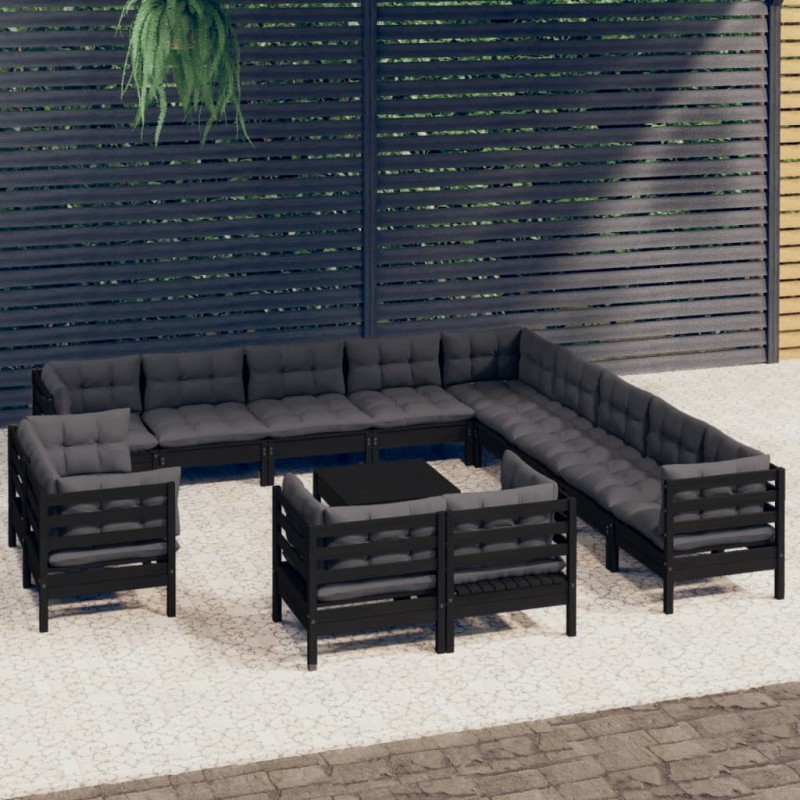 vidaXL Muebles de jardín 14 pzas con cojines negro madera maciza pino vidaXL Muebles de jardín 14 pzas con cojines negro madera maciza pino