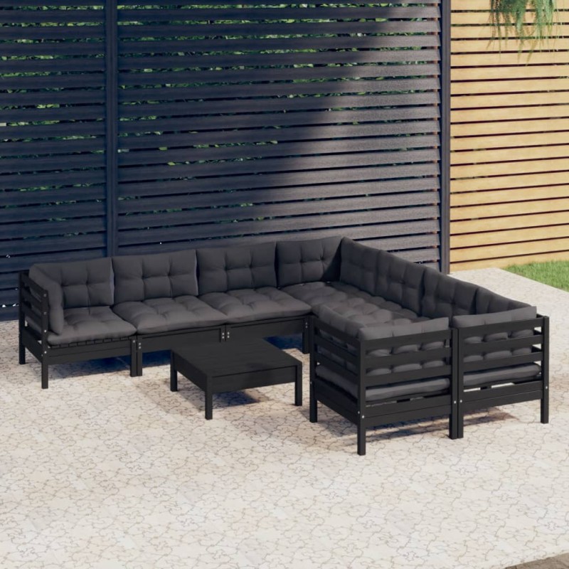 vidaXL Muebles de jardín 9 pzas y cojines negro madera de pino vidaXL Muebles de jardín 9 pzas y cojines negro madera de pino