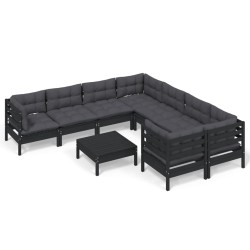 vidaXL Muebles de jardín 9 pzas y cojines negro madera de pino