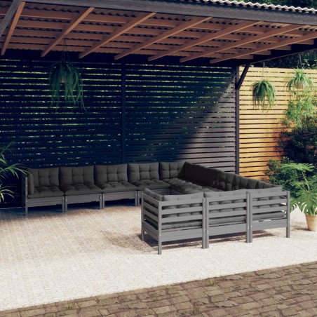 vidaXL Muebles de jardín 11 pzas y cojines gris madera de pino