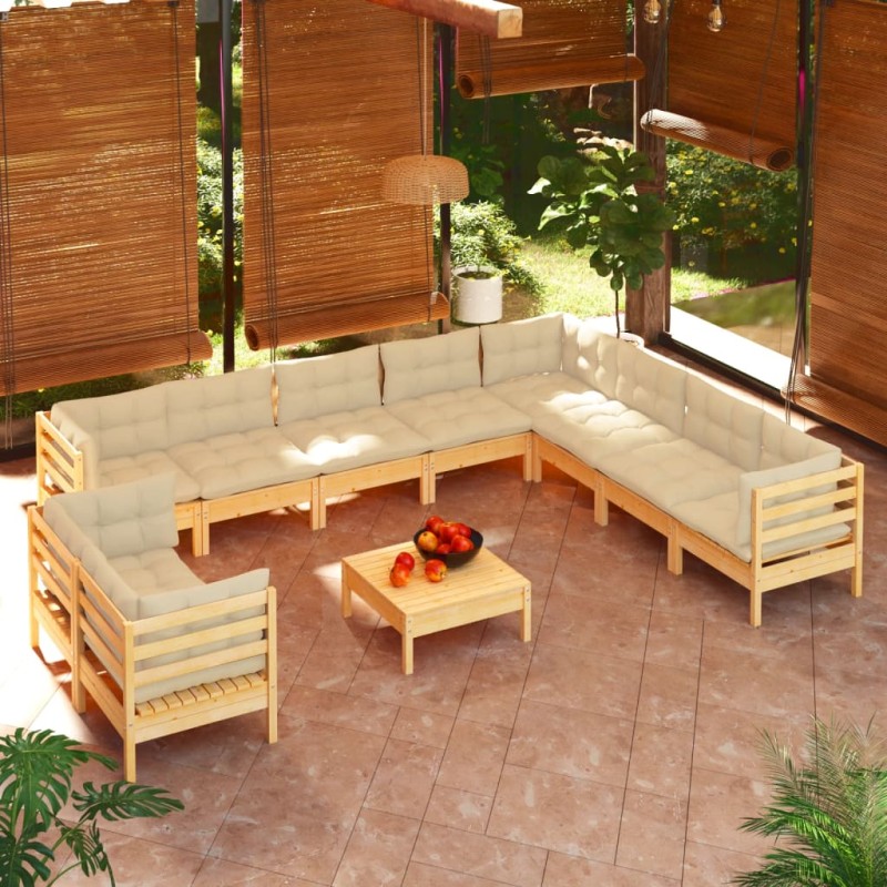 vidaXL Muebles de jardín 11 pzas y cojines madera maciza de pino crema vidaXL Muebles de jardín 11 pzas y cojines madera maciza de pino crema