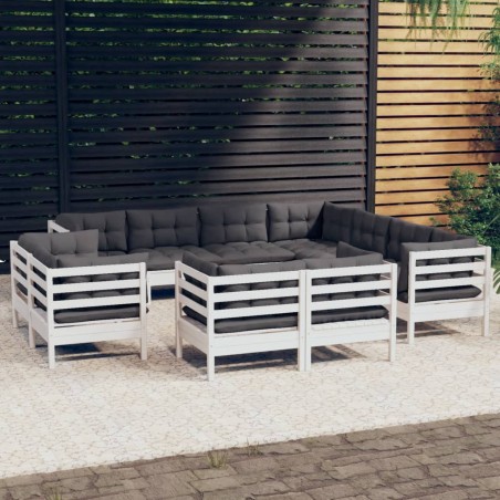 vidaXL Muebles de jardín 11 pzas y cojines blanco madera maciza pino