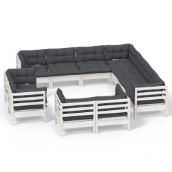 vidaXL Muebles de jardín 11 pzas y cojines blanco madera maciza pino