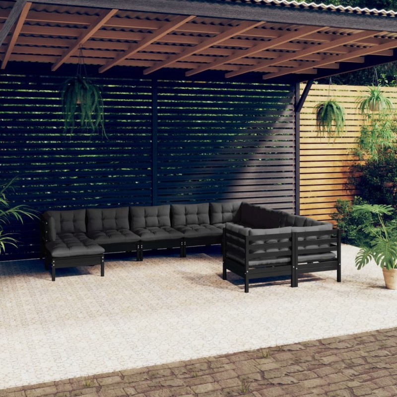 vidaXL Muebles de jardín 10 pzas con cojines negro madera de pino vidaXL Muebles de jardín 10 pzas con cojines negro madera de pino