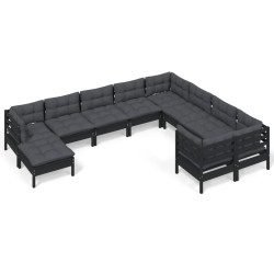 vidaXL Muebles de jardín 10 pzas con cojines negro madera de pino