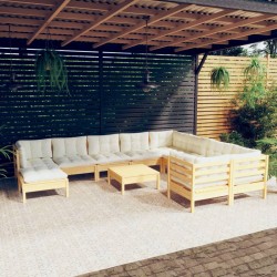 vidaXL Muebles de jardín 11 pzas y cojines madera de pino crema