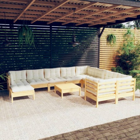 vidaXL Muebles de jardín 11 pzas y cojines madera de pino crema
