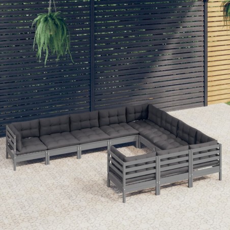vidaXL Muebles de jardín 10 pzas y cojines madera de pino gris