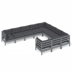 vidaXL Muebles de jardín 10 pzas y cojines madera de pino gris