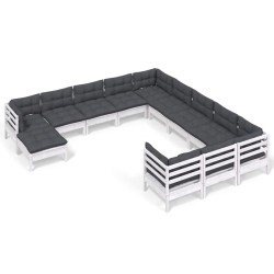 vidaXL Muebles de jardín 12 pzas con cojines blanco madera de pino