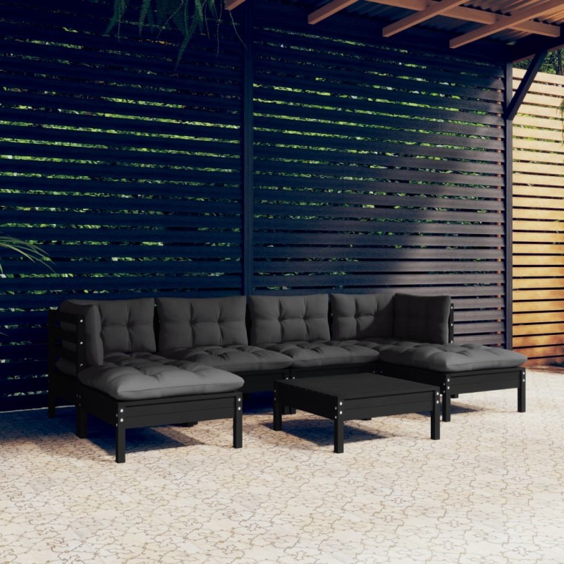 vidaXL Muebles de jardín 7 pzas con cojines negro madera de pino vidaXL Muebles de jardín 7 pzas con cojines negro madera de pino