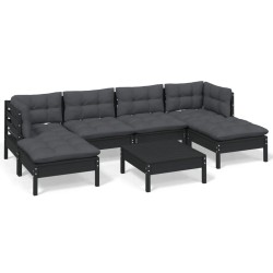 vidaXL Muebles de jardín 7 pzas con cojines negro madera de pino