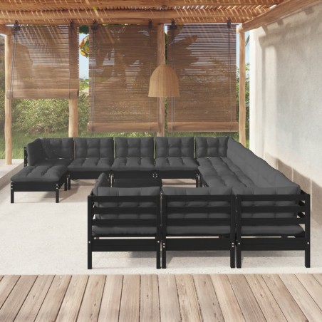 vidaXL Muebles de jardín 13 pzas con cojines negro madera de pino