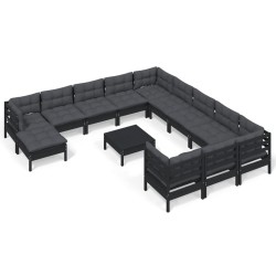 vidaXL Muebles de jardín 13 pzas con cojines negro madera de pino