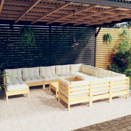 vidaXL Muebles de jardín 10 pzas y cojines madera de pino crema