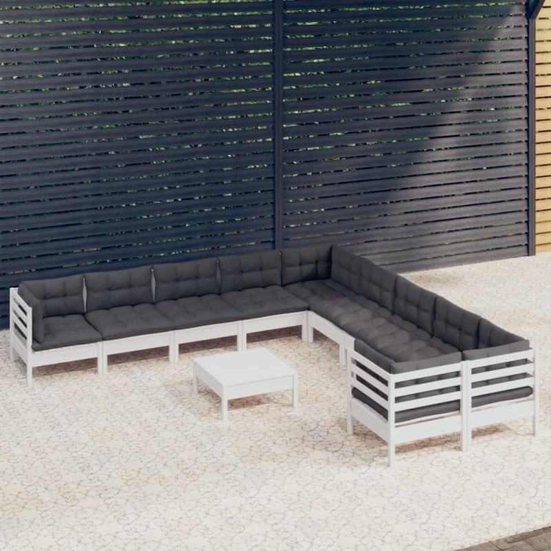vidaXL Muebles de jardín 11 pzas y cojines blanco madera de pino vidaXL Muebles de jardín 11 pzas y cojines blanco madera de pino