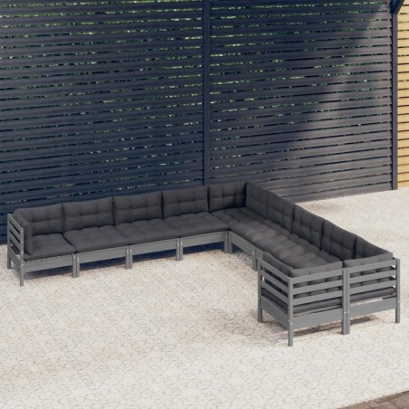 vidaXL Muebles de jardín 10 pzas y cojines madera de pino gris