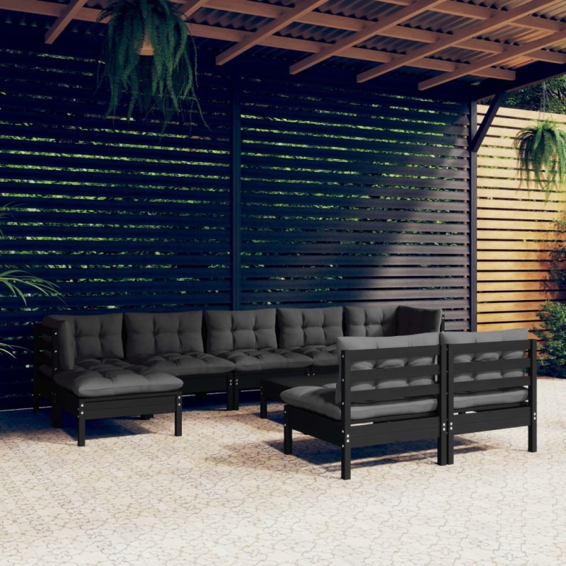 vidaXL Muebles de jardín 10 pzas con cojines negro madera de pino vidaXL Muebles de jardín 10 pzas con cojines negro madera de pino