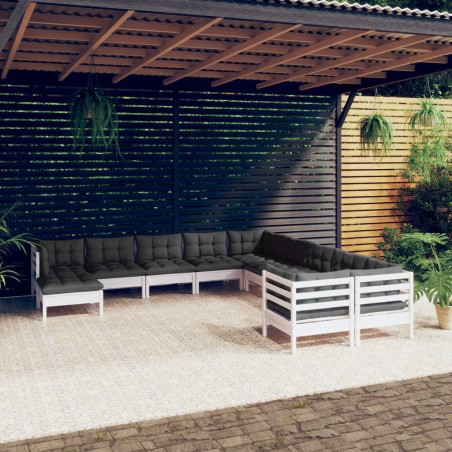vidaXL Muebles de jardín 11 pzas y cojines blanco madera de pino