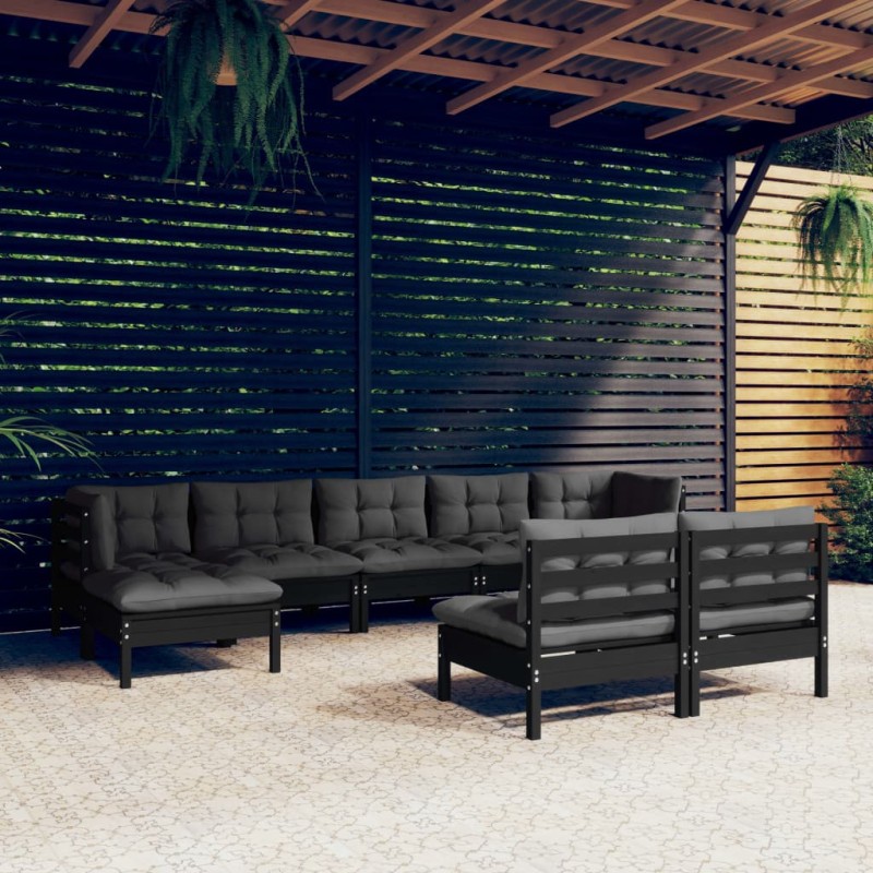 vidaXL Muebles de jardín 9 pzas con cojines negro madera de pino vidaXL Muebles de jardín 9 pzas con cojines negro madera de pino