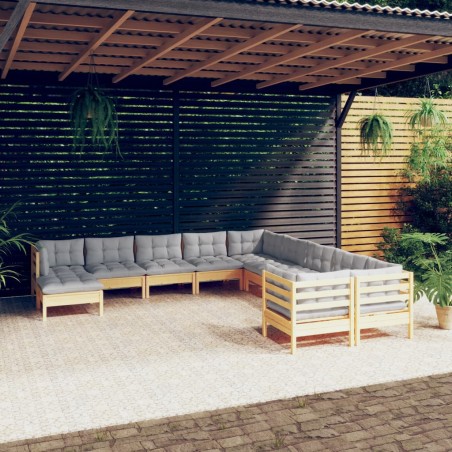 vidaXL Muebles de jardín 11 pzas y cojines madera de pino gris