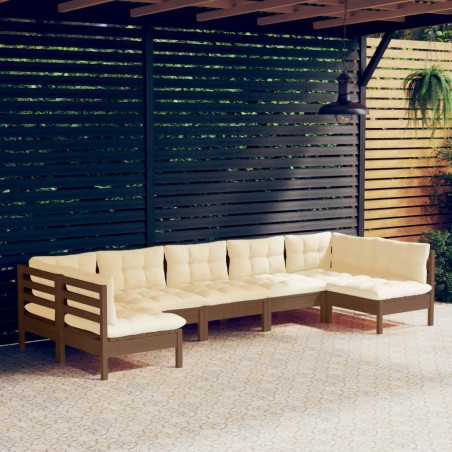 vidaXL Muebles de jardín 7 pzas y cojines madera de pino marrón miel