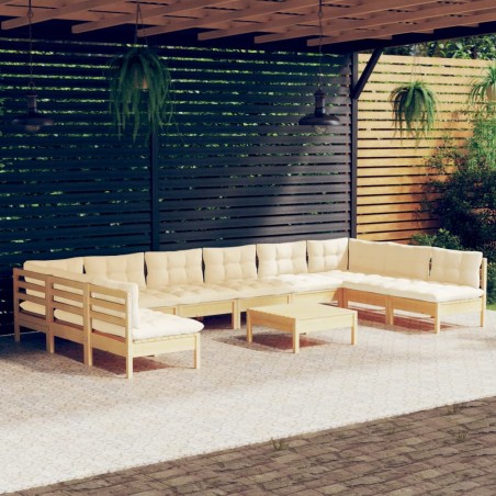vidaXL Muebles de jardín 11 pzas y cojines madera maciza de pino crema