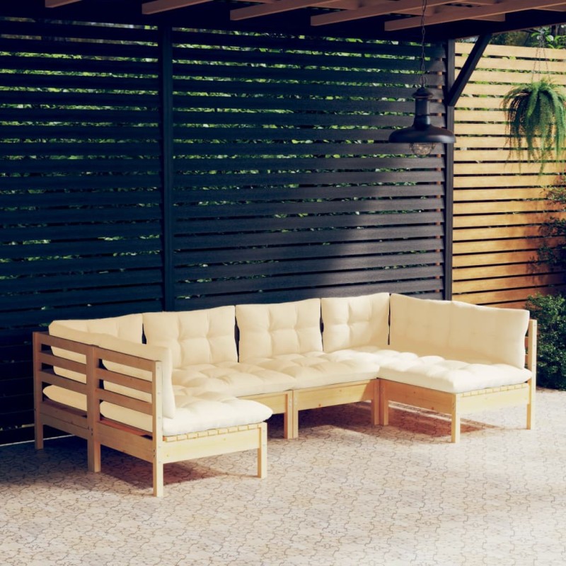 vidaXL Muebles de jardín 6 pzas y cojines madera maciza de pino crema vidaXL Muebles de jardín 6 pzas y cojines madera maciza de pino crema