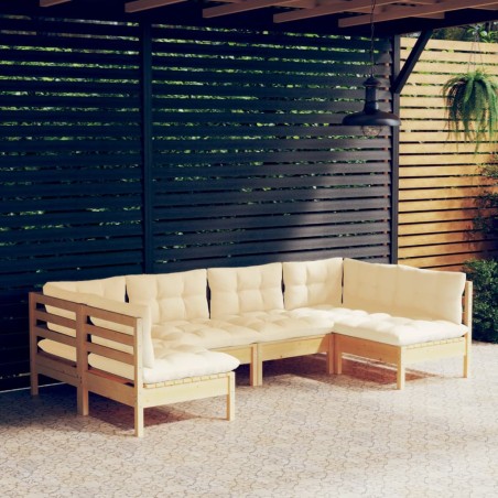 vidaXL Muebles de jardín 6 pzas y cojines madera maciza de pino crema