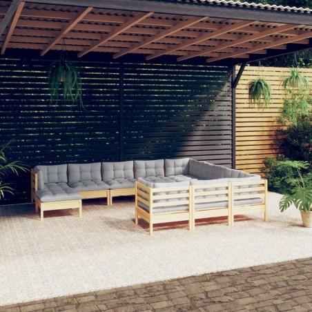 vidaXL Muebles de jardín 11 pzas y cojines madera de pino gris